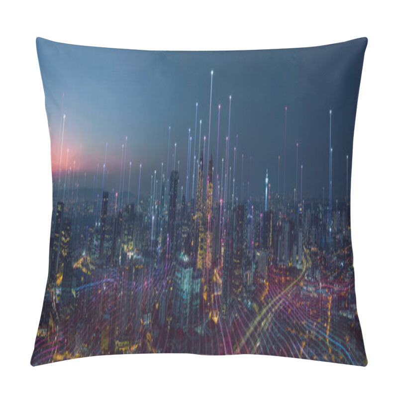 Personality  Smart City And Abstract Dot Point Connect With Gradient Line And Aesthetic Intricate Wave Line Design , Big Data Connection Technology Concept . Pillow Covers