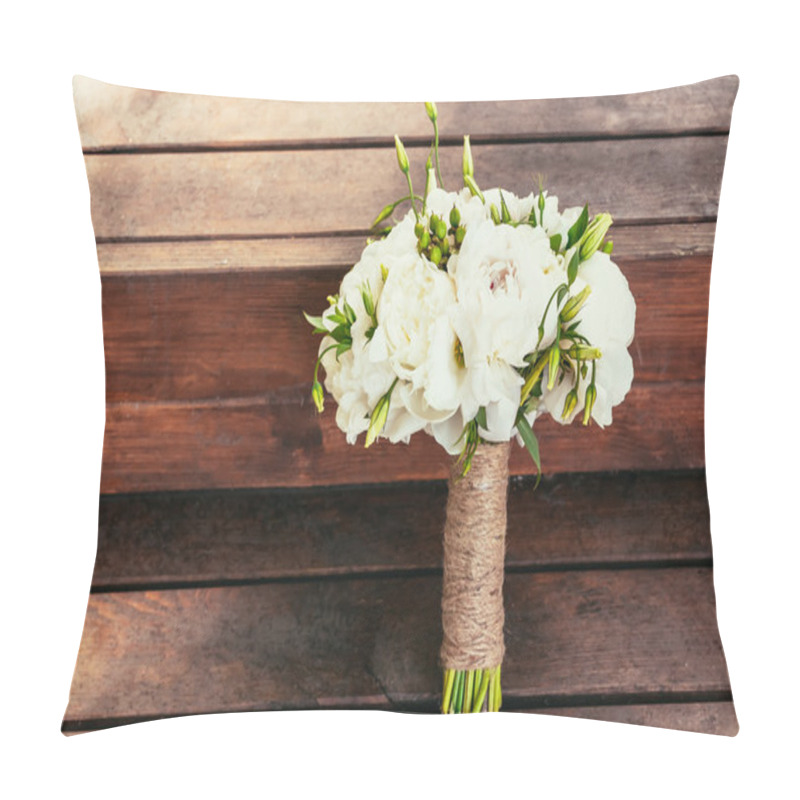 Personality  Rustic Wedding Bouquet On Brown Wooden Backgraund On Ceremony Pl Pillow Covers