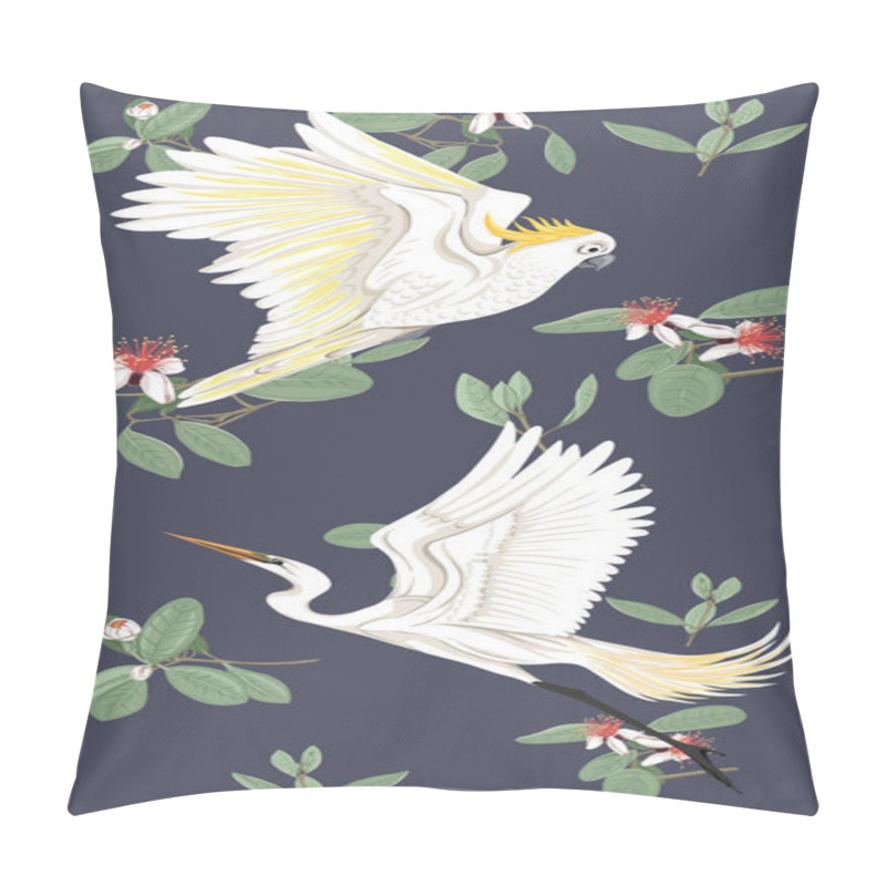 Personality  Pattern, Background With With Feijoa Flowers With Herons And Cockatoo Parrot. Vector Illustration.  On Dark Blue Background.  Pillow Covers