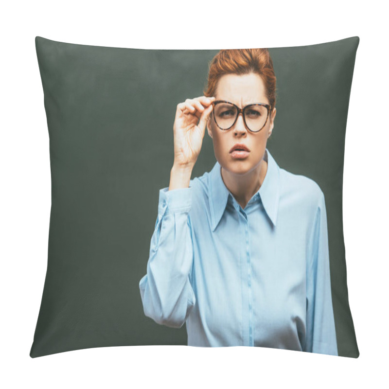 Personality  Concentrated Teacher Touching Eyeglasses While Peering Near Chalkboard Pillow Covers