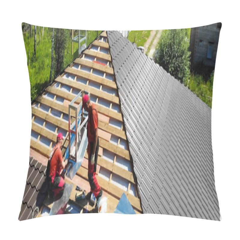 Personality  Worker Does The Installation Of The Roof Of House. Installation Pillow Covers