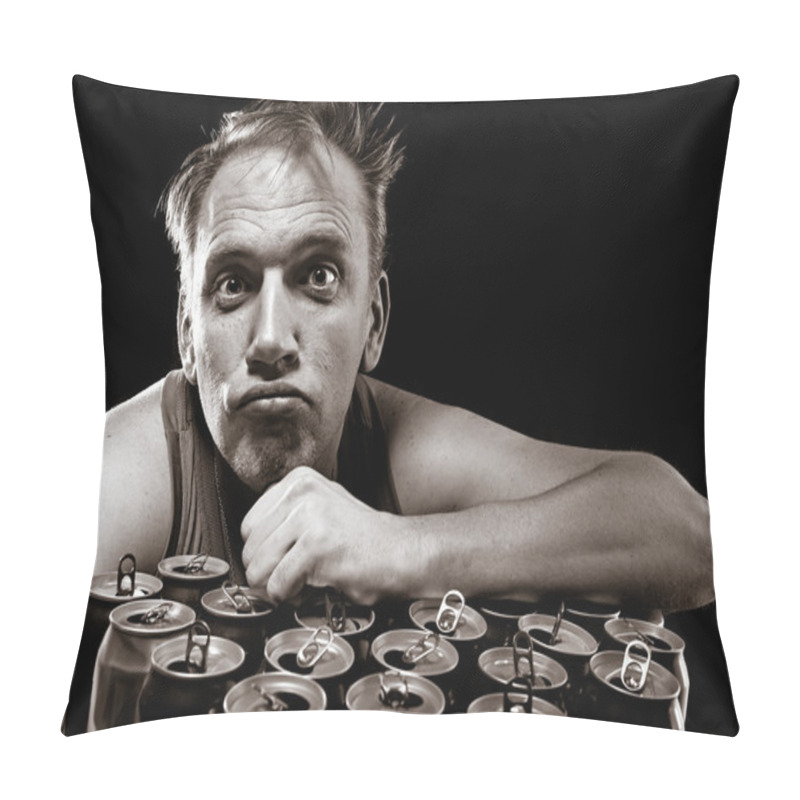 Personality  Hangover. Unhealthy Man And Beer Cans,with A Retro Effect Pillow Covers