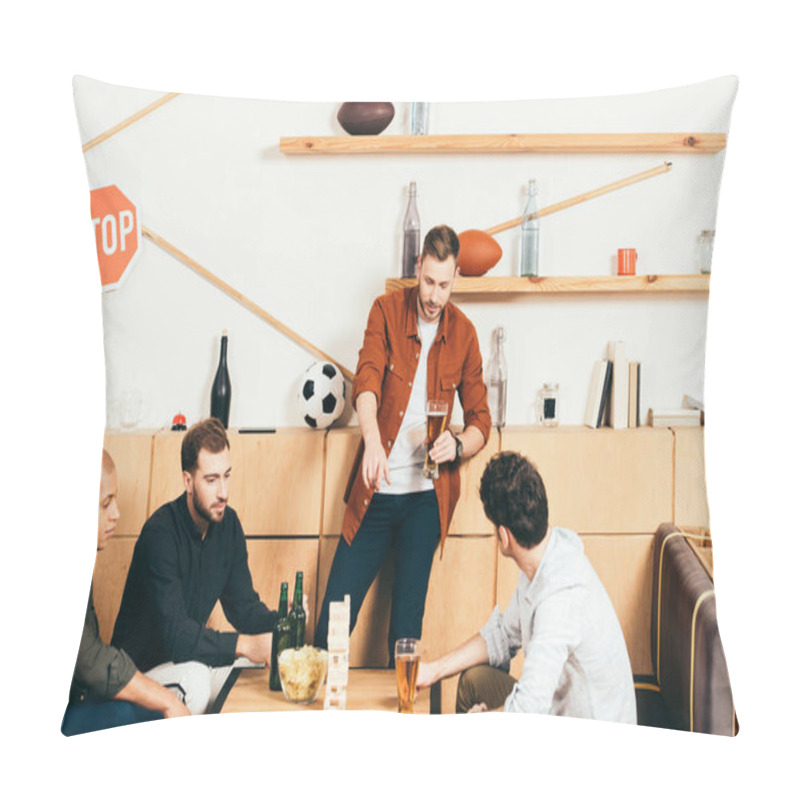 Personality  Multiethnic Friends Playing Blocks Wood Game In Cafe Pillow Covers