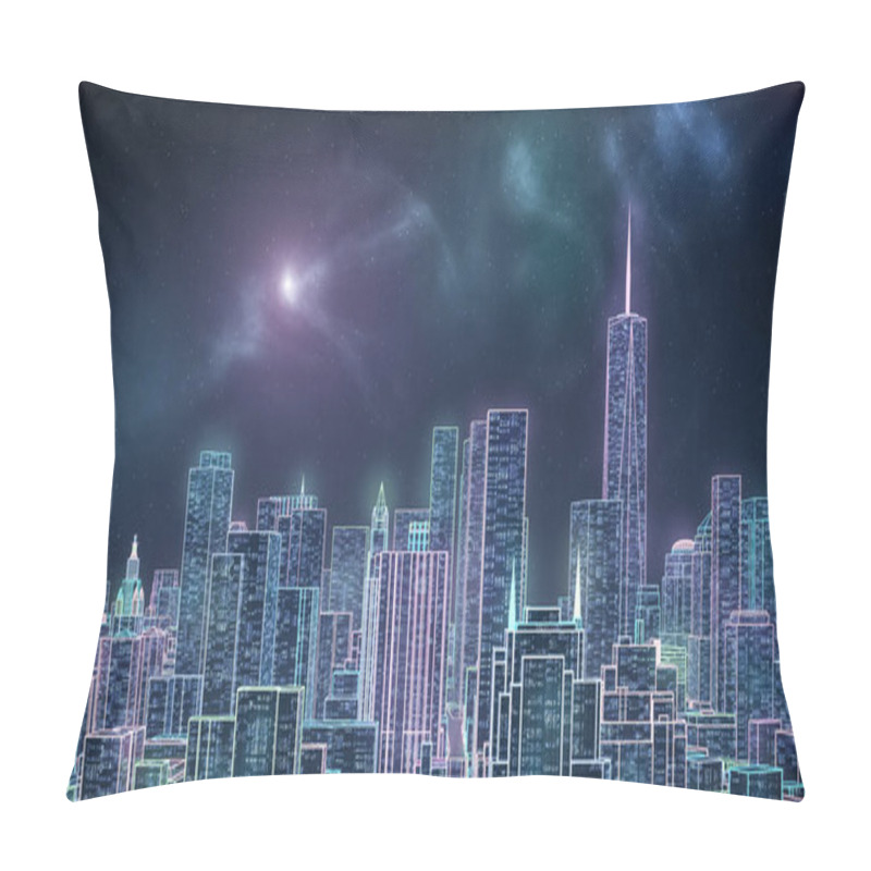 Personality  Retrowave Or Synthwave New York City Manhattan Skyline 3D Rendering Illustration. Generic Futuristic Neon Cityscape Concept. Pillow Covers