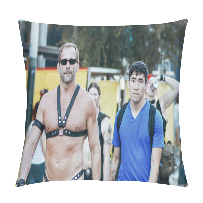 Personality  Unidentified People At The Annual Gay Festival Folsom Street Fair In San Francisco, Everyone Is Happy, Having Fun, And Wear Carnival Clothing Pillow Covers