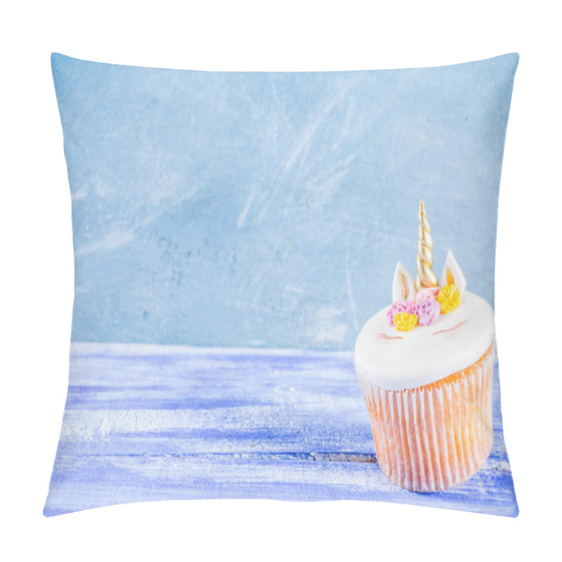 Personality  Cute Unicorn And Rainbow Cupcakes, Light Blue Background, Copy Space Pillow Covers