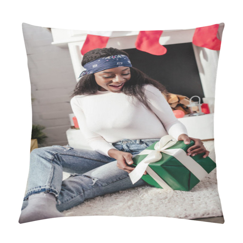 Personality  Surprised Attractive African American Woman Looking At Christmas Present At Home Pillow Covers