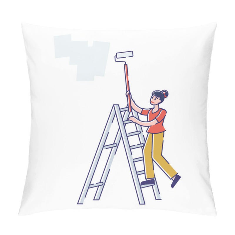 Personality  Interior Design, Repair , Home Renovation And Remodeling Concept. Girl Painter, Decorator, Designer Or Worker Stand On Ladder Coloring Wall With Paint Roller Cartoon Flat Vector Illustration, Line Art Pillow Covers