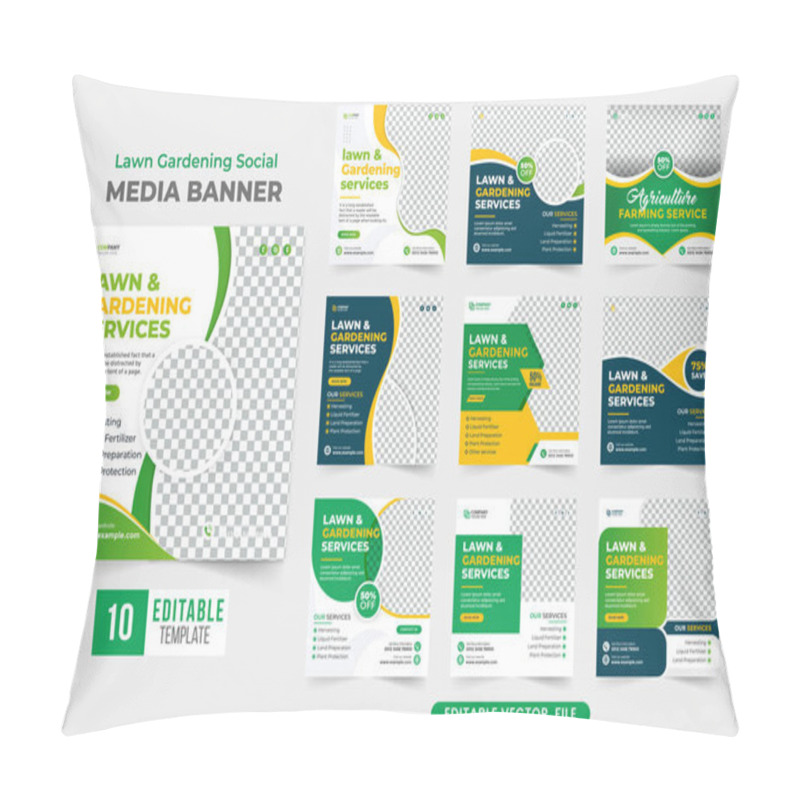 Personality  Lawn And Gardening Service Social Media Banner Bundle For Advertisement. Agriculture And Farming Business Promotion Banner Collection With Green, Blue, And Yellow Colors. Gardening Flyer Template Set. Pillow Covers