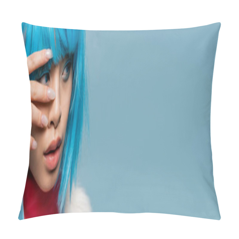 Personality  Young Asian Woman In Wig Looking Away And Touching Face Isolated On Blue, Banner  Pillow Covers