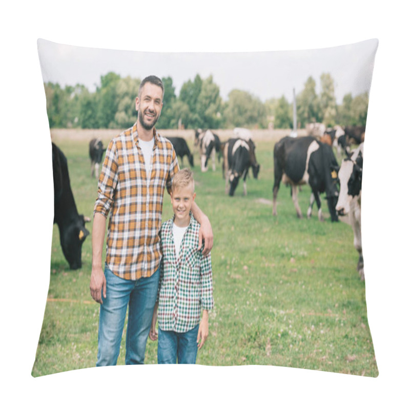 Personality  Father And Son Smiling At Camera While Standing Near Grazing Cattle At Farm  Pillow Covers