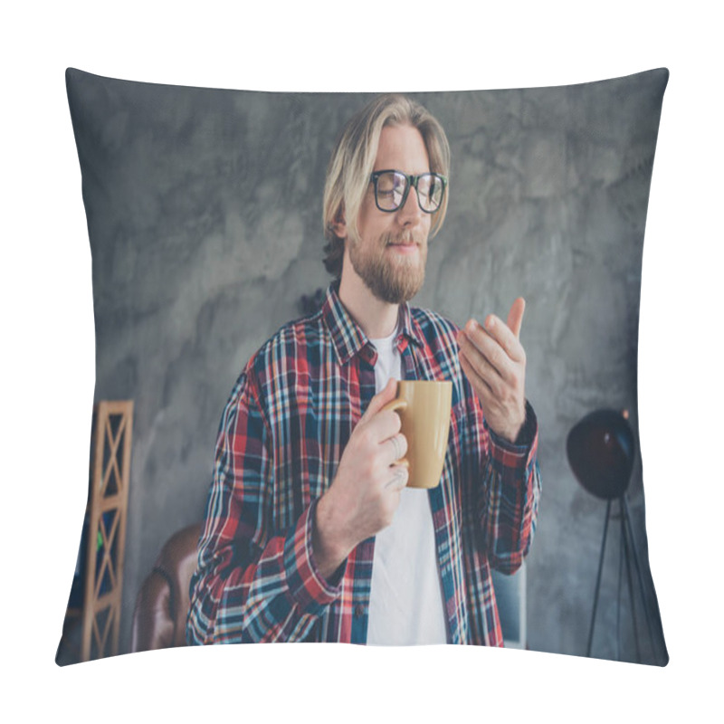 Personality  Portrait Photo Of Young Blond Hair Man Cheerful Worker Holding Cup Coffee Smell Aromatic Cappuccino Indoors Loft Design Modern Office. Pillow Covers