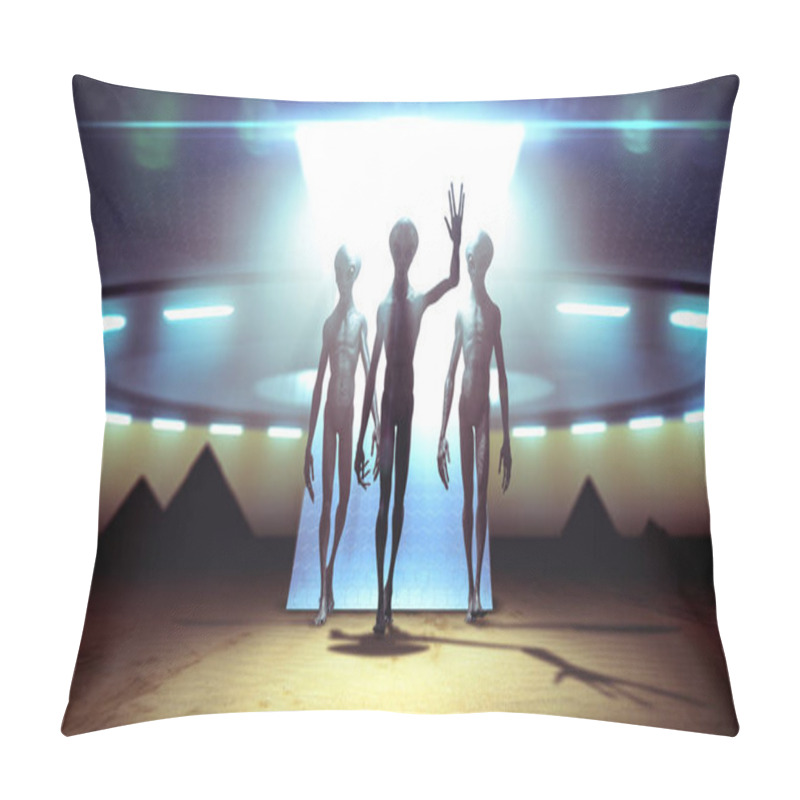 Personality  Aliens Landing With Ufo On Earth Coming In Peace Near Pyramids - 3D Rendering Pillow Covers