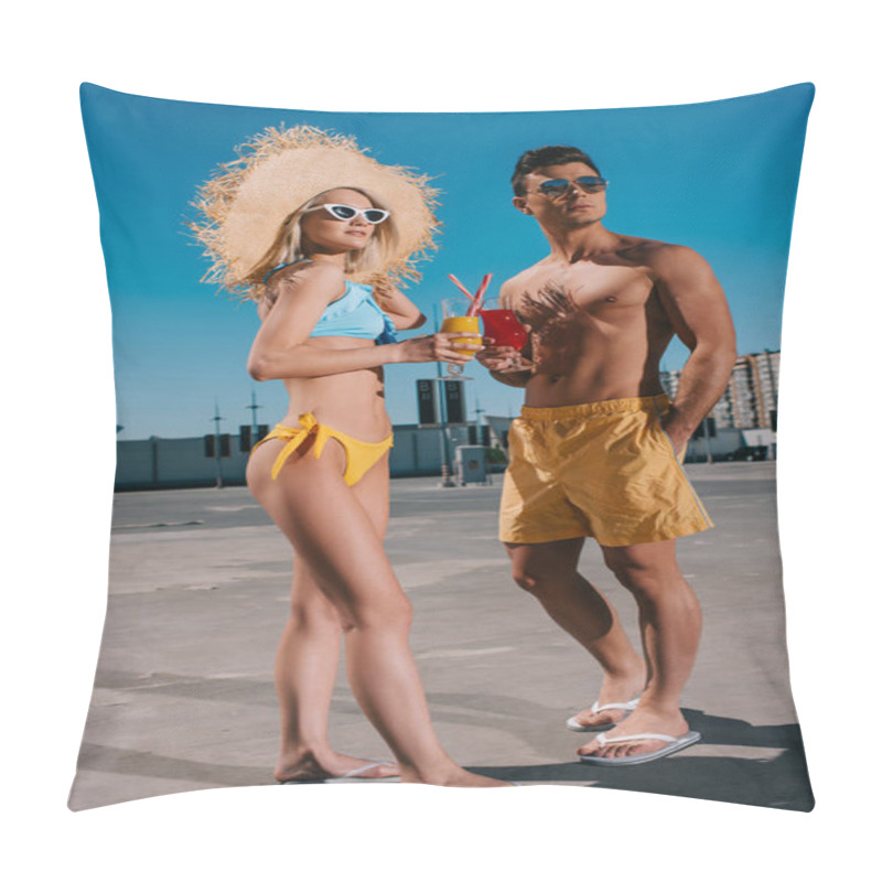 Personality  Attractive Young Couple In Beach Clothes With Refreshing Cocktails Standing On Parking Pillow Covers