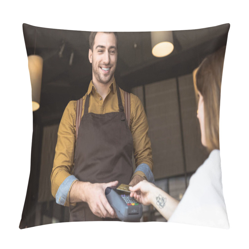 Personality  Smiling Young Waiter Holding Payment Terminal While Customer Doing Contactless Purchase With Credit Card In Cafe Pillow Covers