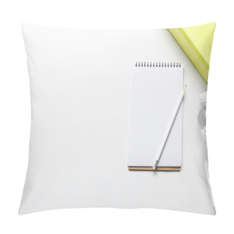 Personality  Top View Of Water In Bottle And Blank Notebook With Pencil Near Box On White Background Pillow Covers