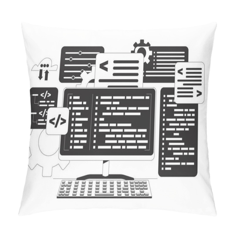 Personality  Programming Computing Black And White 2D Line Object. Backend Program Coding Development. Computer Keyboard With Syntax Codes Isolated Clip Art Vector Outline Item. Monochromatic Spot Illustration Pillow Covers