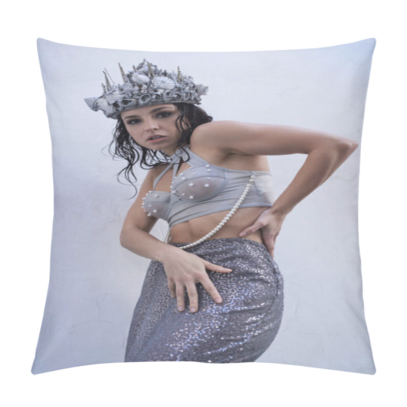 Personality  A young woman with wet hair and a seashell crown poses in a shimmering mermaid tail. pillow covers