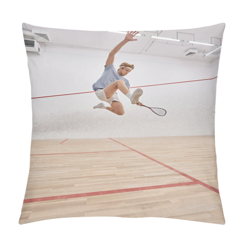 Personality  Motion And Fun, Active Sportsman Holding Racquet And Jumping While Playing Squash Inside Of Court Pillow Covers