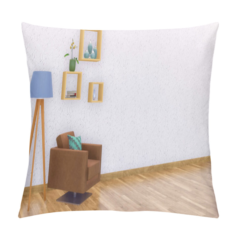 Personality  Modern Minimalist Living Room Interior Design With Brown Leather Armchair, Floor Lamp And Simple Shelves On Empty White Wall Background With Copy Space. 3D Illustration From My Own 3D Rendering File. Pillow Covers