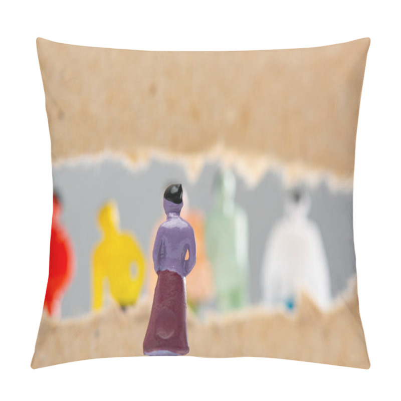 Personality  Selective Focus Of Toy Near Hole In Cardboard With People Figures Isolated On Grey, Concept Of Social Rights  Pillow Covers