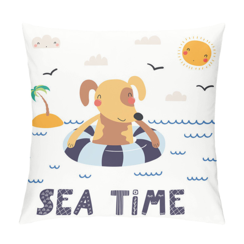 Personality  Hand Drawn Vector Illustration Of A Cute Dog In Summer Swimming, With Lettering Quote Sea Time Isolated On White Background. Scandinavian Style Flat Design. Concept For Summer Children Print Pillow Covers