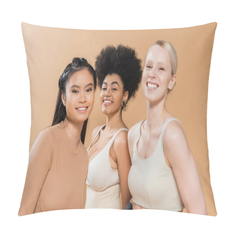 Personality  Young And Happy Multiethnic Women In Underwear Looking At Camera Isolated On Beige Pillow Covers