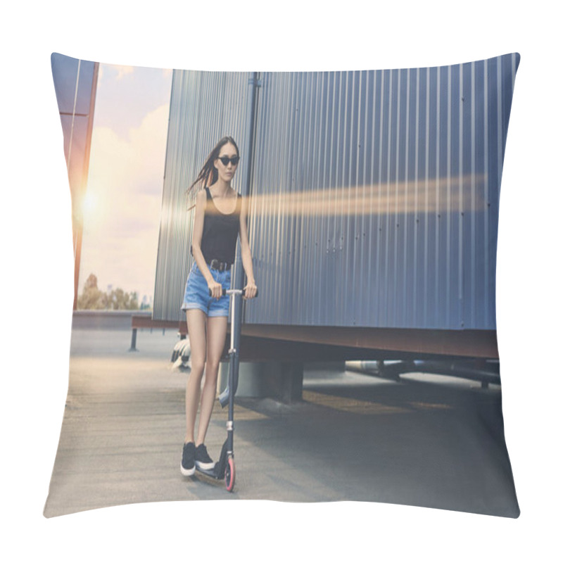 Personality  Attractive Asian Girl Riding Scooter On Roof With Sunlight Pillow Covers