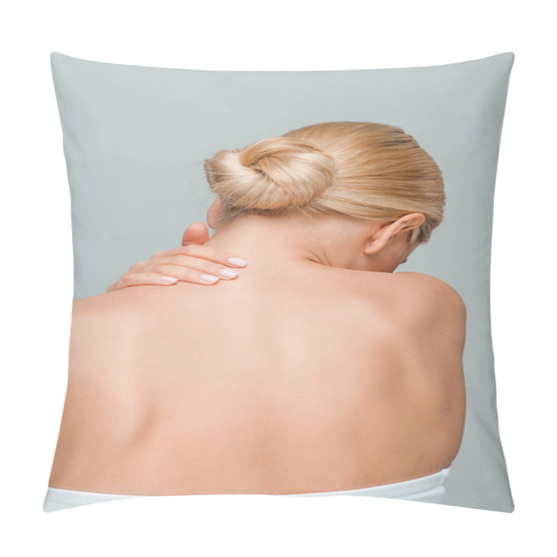 Personality  Back View Of Girl Touching Neck Isolated On Grey  Pillow Covers