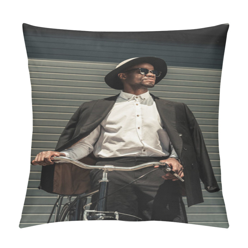 Personality  Fashionable African American Man Wearing Fedora Hat Holding Bike Pillow Covers