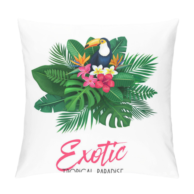 Personality  Vector Tropical Banner. Summer Design For Advertising With Toucan, Tropical Leaves And Flowers. Image With Strelitzia, Plumeria, Jungle Exotic Leaf, Areca Palm, Monstera, Plumeria And Exotic Bird. Pillow Covers