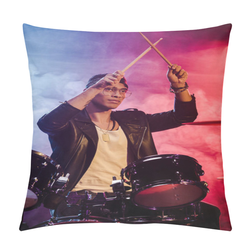 Personality  Mixed Race Male Musician Raising Drum Sticks While Sitting Behind Drum Set On Stage With Dramatic Lighting And Smoke Pillow Covers