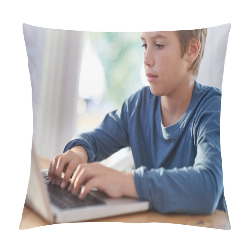 Personality  Getting His Homework Done In A Flash. Shot Of A Young Boy Using A Laptop At Home. Pillow Covers