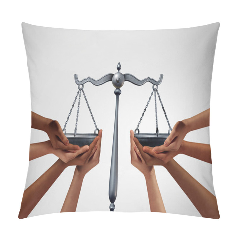 Personality  Social Justice And Equality Law In Society As Diverse People Holding The Balance In A Legal Scale As A Population Legislation With 3D Illustration Elements. Pillow Covers