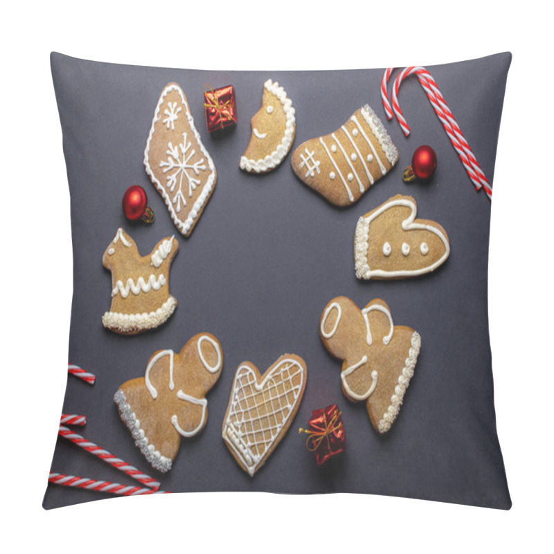 Personality  Cookies Background. Christmas Homemade Gingerbread Cookies On Dark. Celebration Cooking Winter Concept. New Year And Christmas Postcard Or Invitation Pillow Covers