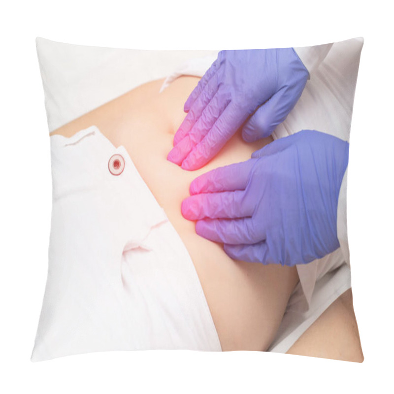 Personality  A Gynecologist Doctor Probes The Lower Abdomen Of A Girl Who Has Pain And Inflammation Of The Reproductive System. Ovarian Cyst Pillow Covers