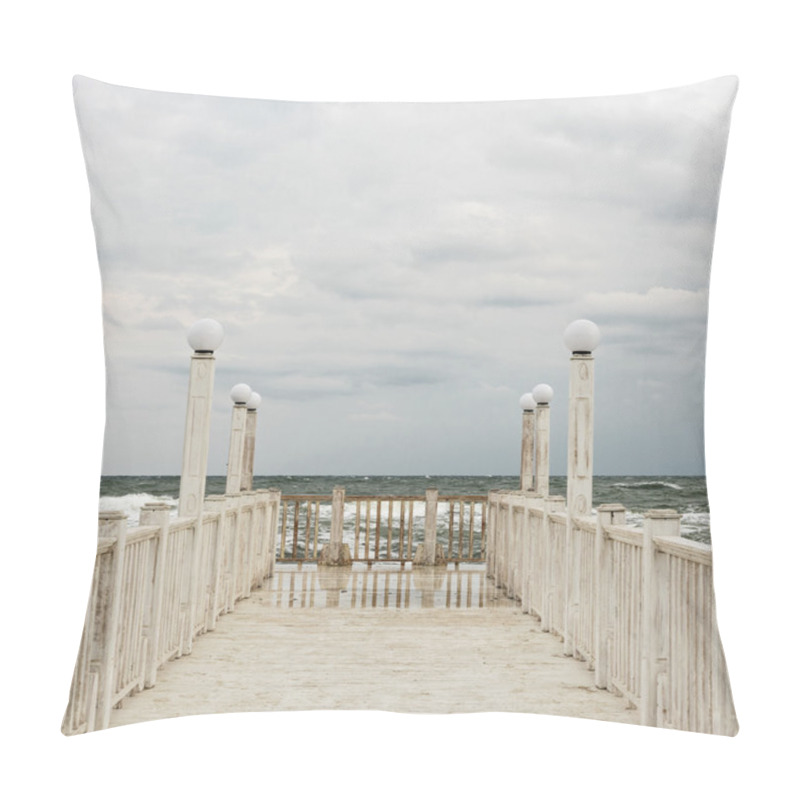 Personality  Pier With White Wooden Handrails At Sea During A Storm. Pillow Covers