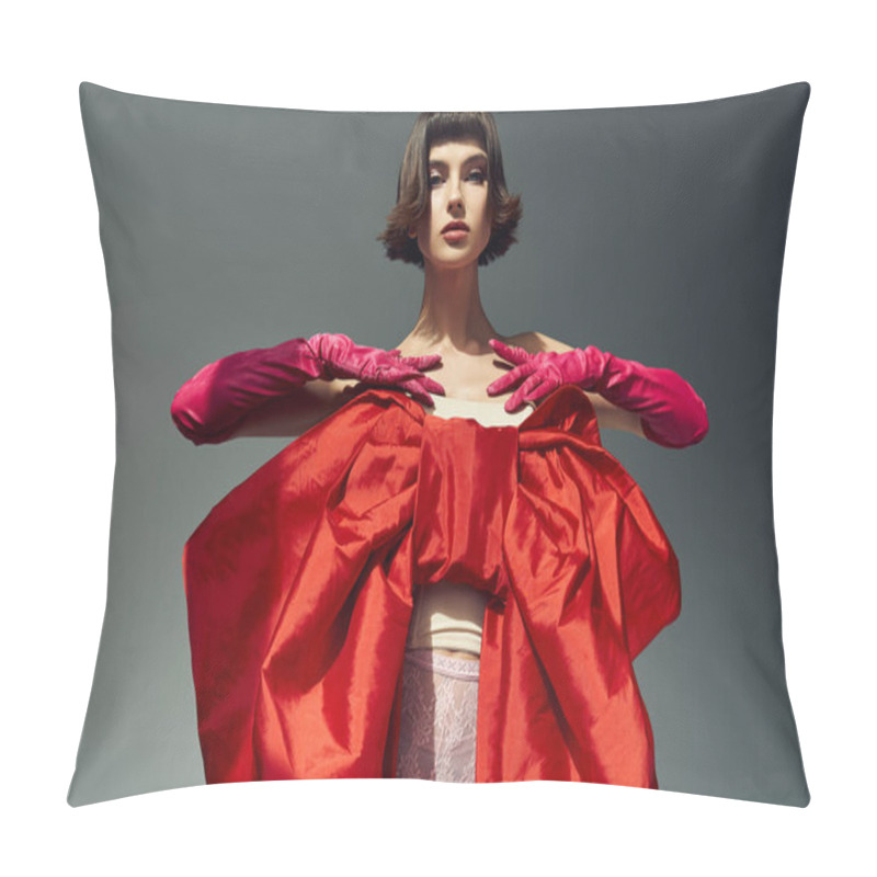 Personality  A Stylish Young Woman Showcases A Bold Red Dress Featuring An Oversized Bow In An Artistic Pose. Pillow Covers