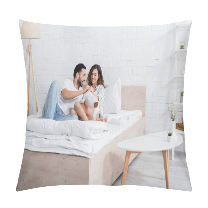 Personality  Smiling Interracial Couple Cuddling Jack Russell Terrier In Bedroom Pillow Covers