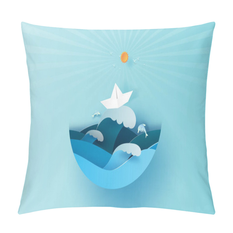 Personality  Illustration Of Travel In Holiday Summer Season Sunlight Circle Concept. Paper Cut Style.Vacation Summertime Idea Pastel Background,Sea Wave View With Paper Boat Landscape. Dolphins Jumping Joyfully Pillow Covers