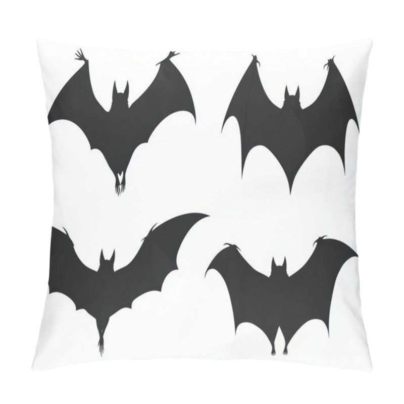 Personality  Four Stylized Bat Silhouettes In Various Flying Poses, Showcasing Their Wings And Features Against A White Background. Pillow Covers