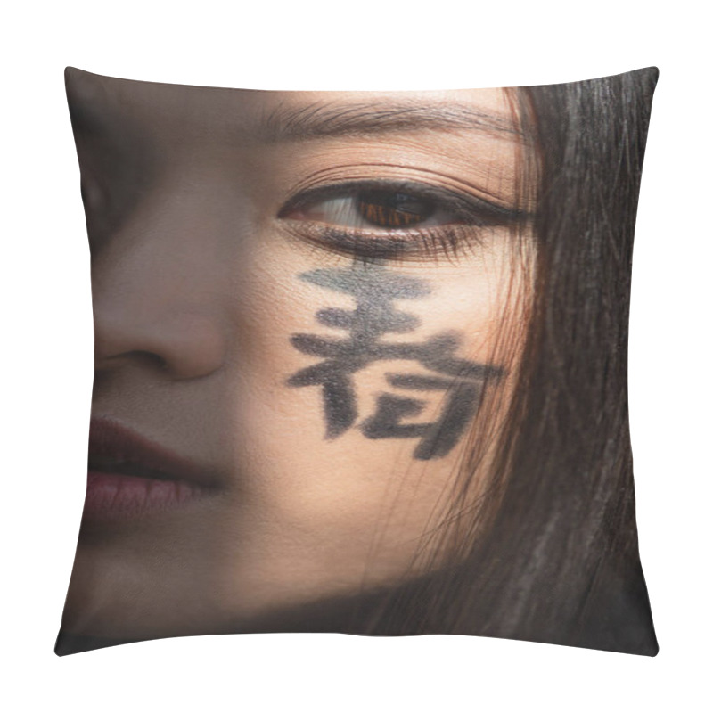 Personality  Close Up View Of Young Asian Woman With Hieroglyphs On Face Looking At Camera  Pillow Covers