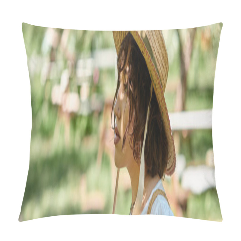 Personality  A Young Woman With Long Brown Hair In A White Blouse And A Straw Hat Looks Pensively Into The Distance In A Sunny Garden. Pillow Covers