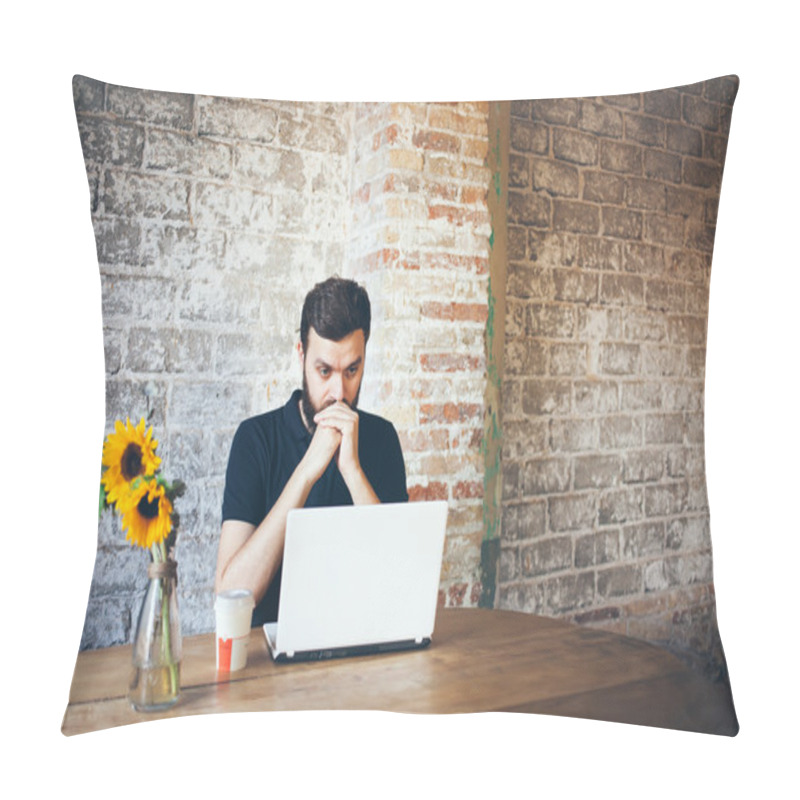 Personality  Concentrated Young Beard Man Working On Laptop While Sitting In Co-working Place Pillow Covers