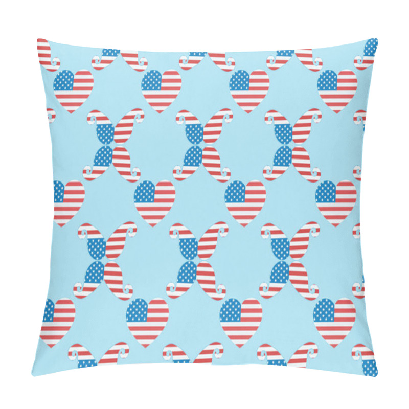 Personality  Seamless Background Pattern With Paper Cut Decorative Mustache And Hearts Made Of American National Flags On Blue  Pillow Covers