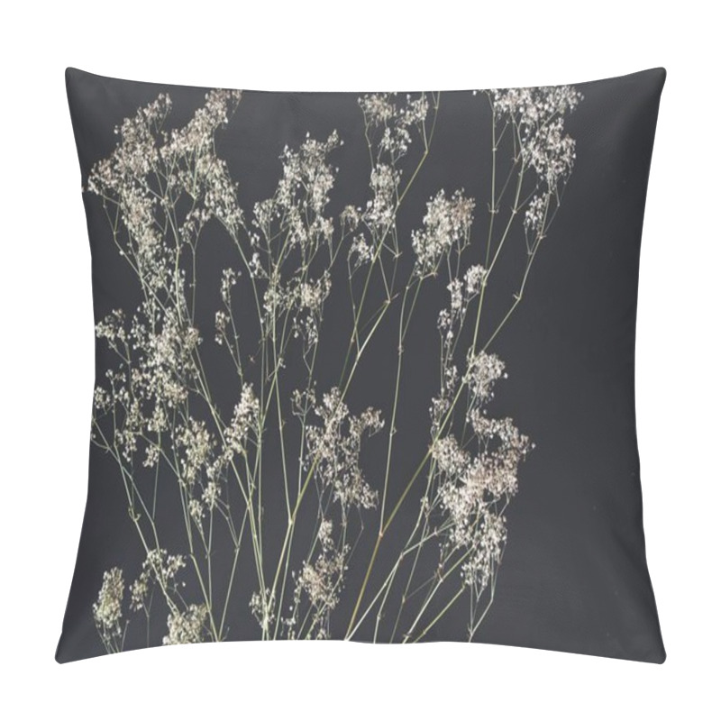 Personality  Flat Lay Of Dried Baby's Breath (gypsophilia) Flowers Placed On A Black Table Surface. Simple, Minimalistic Feel Of Black And Off White Colors, Suitable For Backgrounds. Spread Out Branches Going Upward Pillow Covers