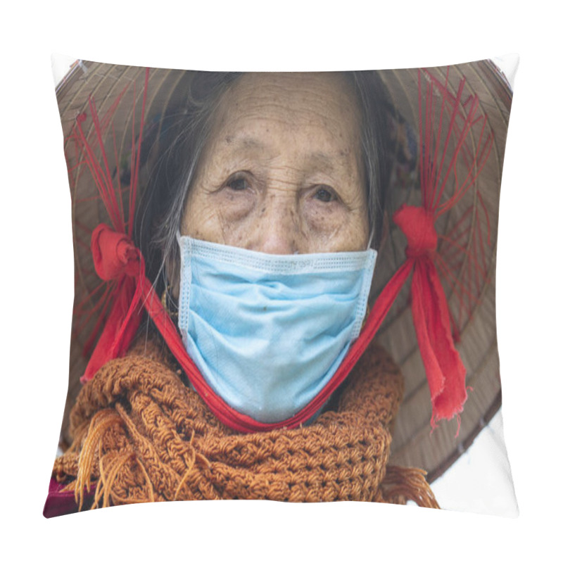 Personality  Sapa, Vietnam - March 02, 2020 : Ethnic Hmong Old Woman With Protective Mask On The Face On A Street Of Sapa, North Vietnam Pillow Covers