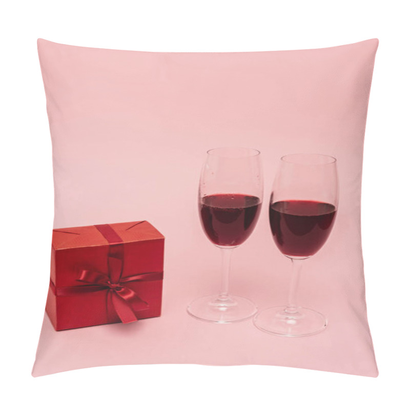 Personality  Red Wine In Glasses Near Gift Isolated On Pink Pillow Covers