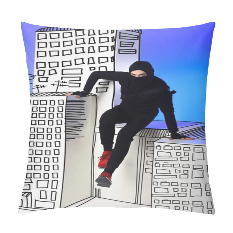 Personality  Ninja In Black Clothing With Katana Behind Getting Across On Drawing Buildings On Blue Pillow Covers