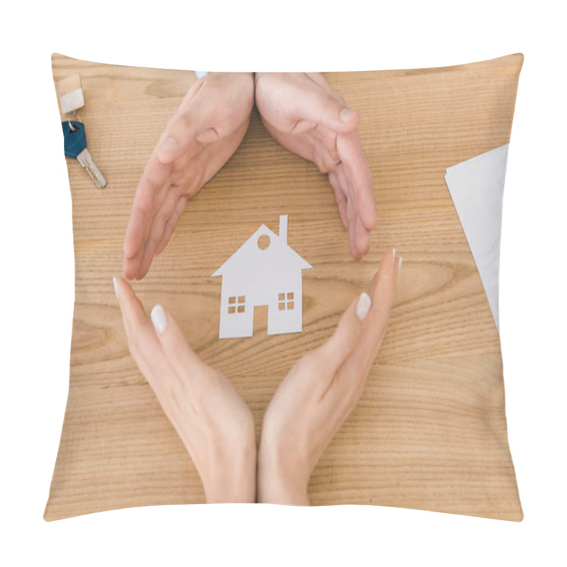 Personality  Couple Making Circle With Hands With White Paper House Inside On Wooden Table, House Insurance Pillow Covers